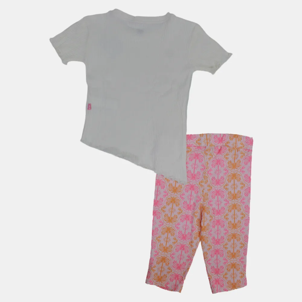 Kinder Mädchen Kurzarm-Baumwoll-Pyjama-Set – Off-White Tropen-Design