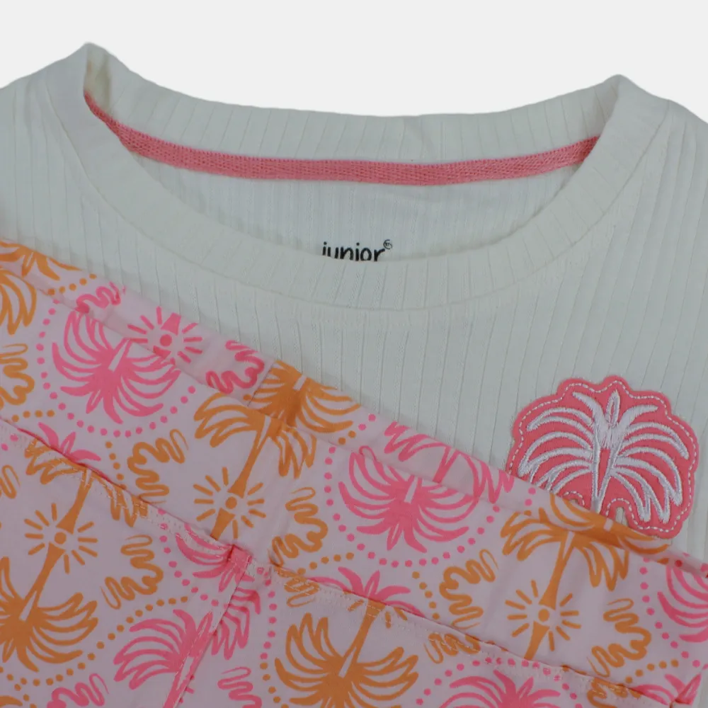Kinder Mädchen Kurzarm-Baumwoll-Pyjama-Set – Off-White Tropen-Design