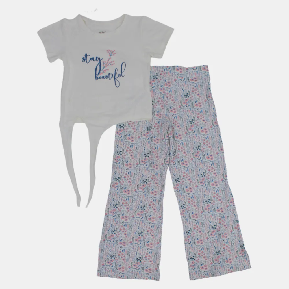 Kinder-Mädchen Kurzarm-Baumwoll-Pyjama-Set – Elfenbein mit Blumenmuster