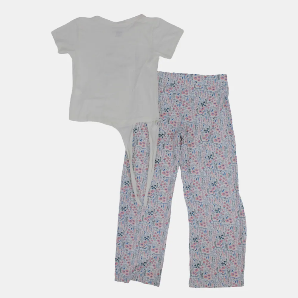 Kinder-Mädchen Kurzarm-Baumwoll-Pyjama-Set – Elfenbein mit Blumenmuster