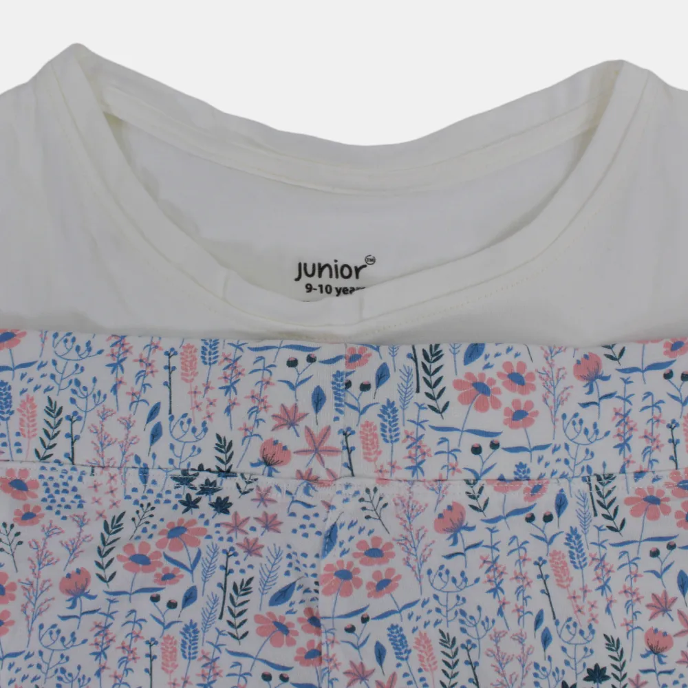 Kinder-Mädchen Kurzarm-Baumwoll-Pyjama-Set – Elfenbein mit Blumenmuster