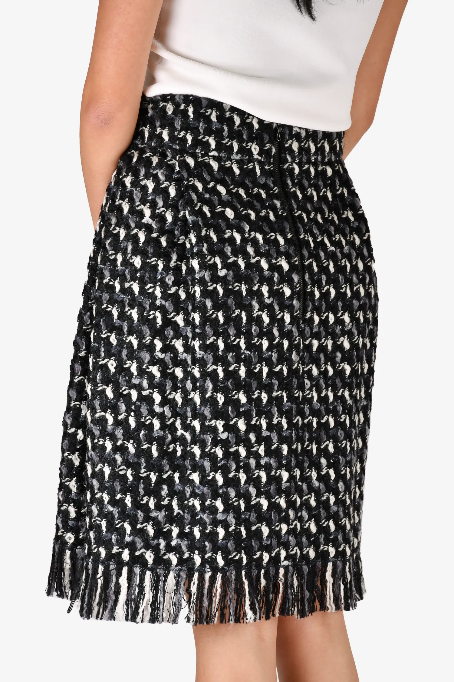 Lanvin Schwarz-Weiß Wollmuster Fransenrock Größe 36