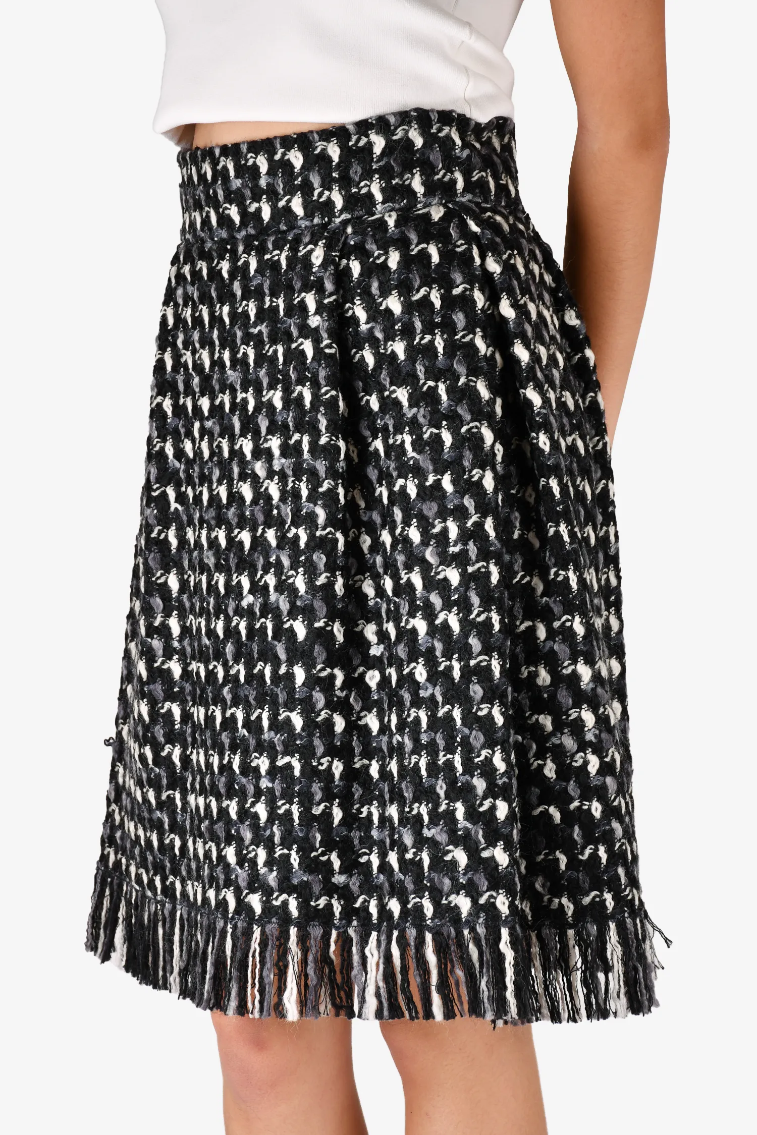 Lanvin Schwarz-Weiß Wollmuster Fransenrock Größe 36