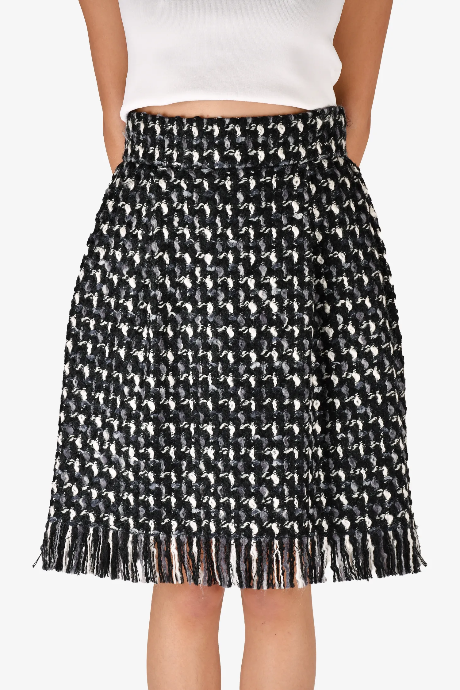 Lanvin Schwarz-Weiß Wollmuster Fransenrock Größe 36