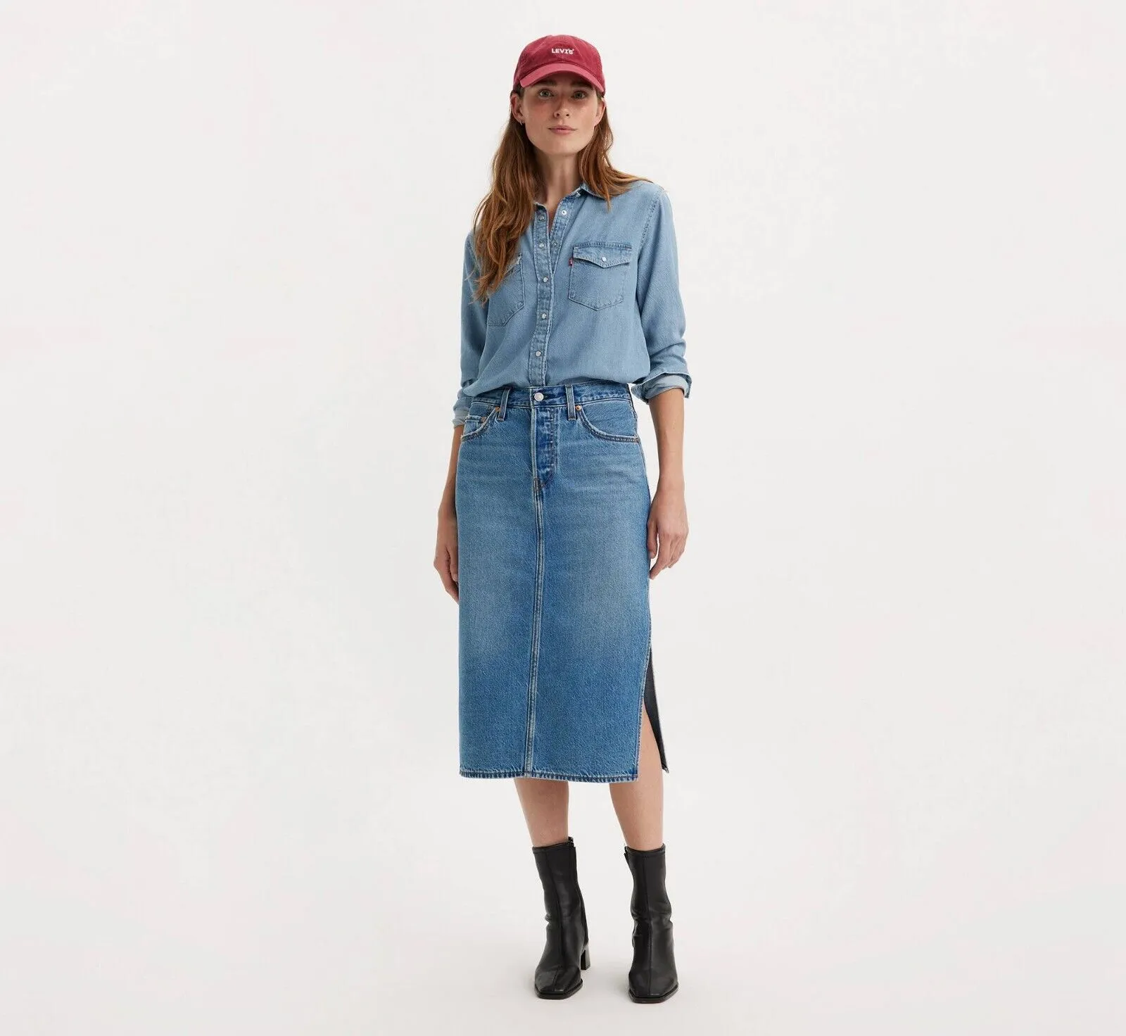 Levi's Rock Damen 27 Blau Baumwolle Denim Medium Wash Seitenschlitz Bleistift VDA148