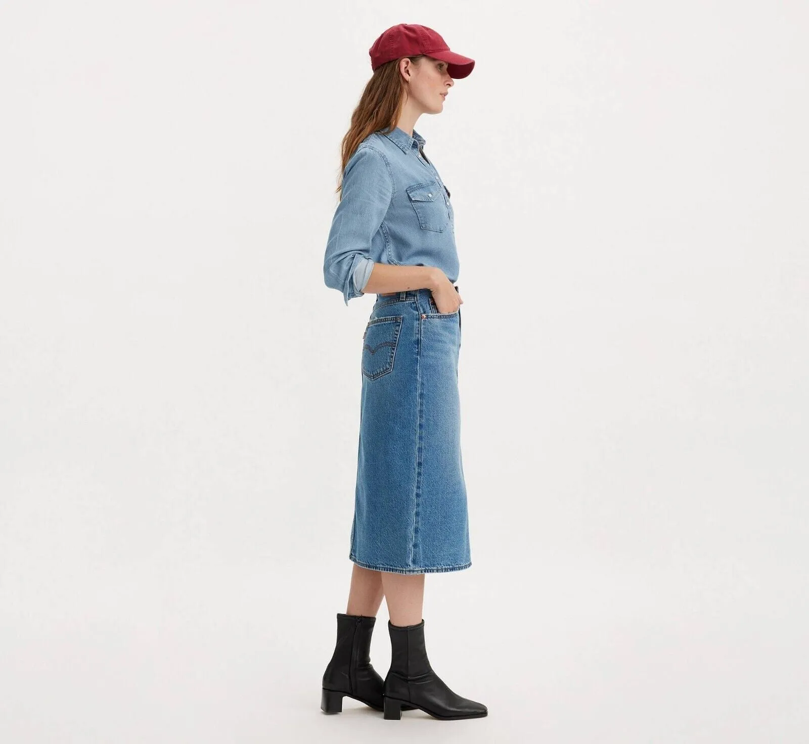 Levi's Rock Damen 27 Blau Baumwolle Denim Medium Wash Seitenschlitz Bleistift VDA148