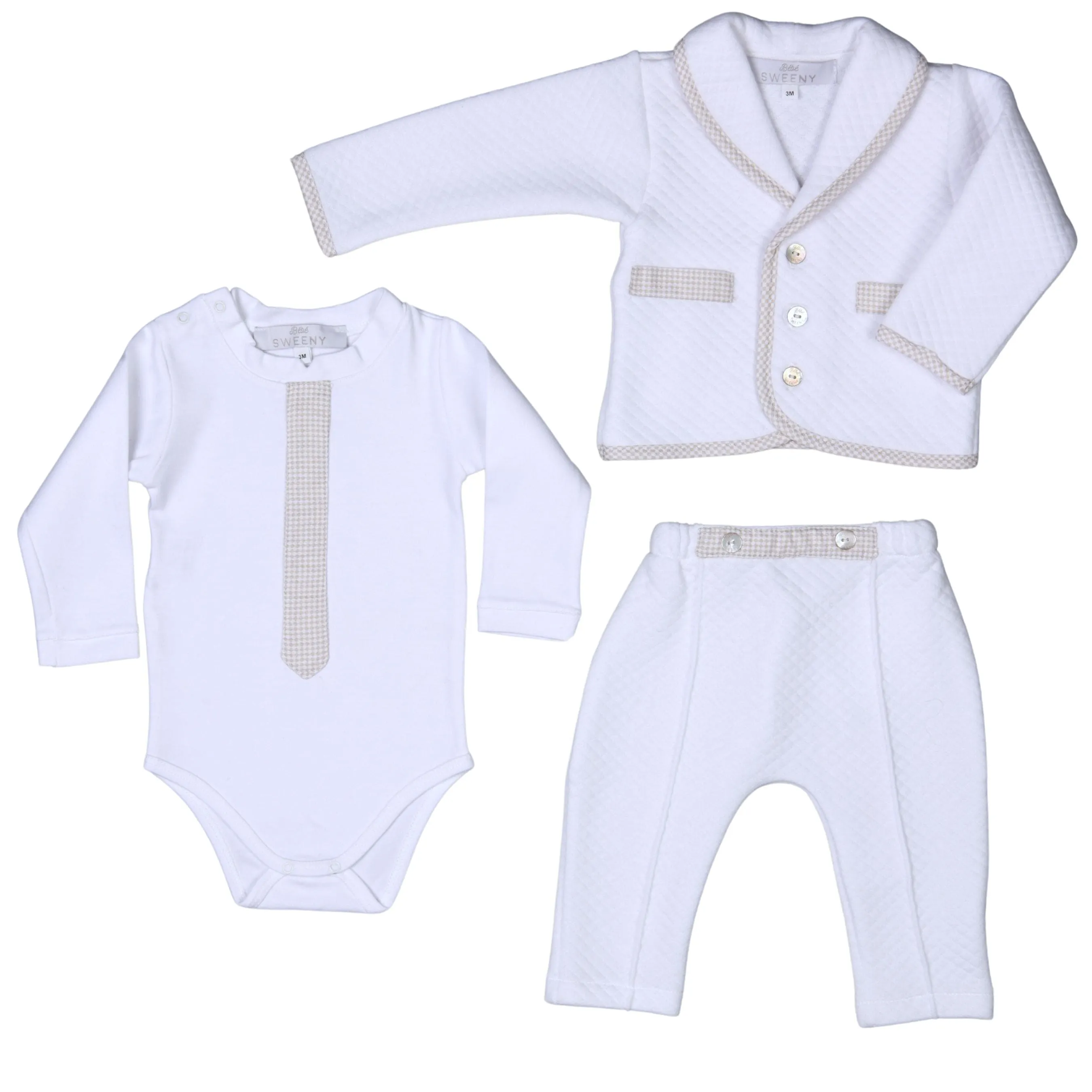 Lucas | Weiße & beige Baumwoll-Gingham-Hosenanzug für Jungen (3) Babykids_Bebe-Sweeny