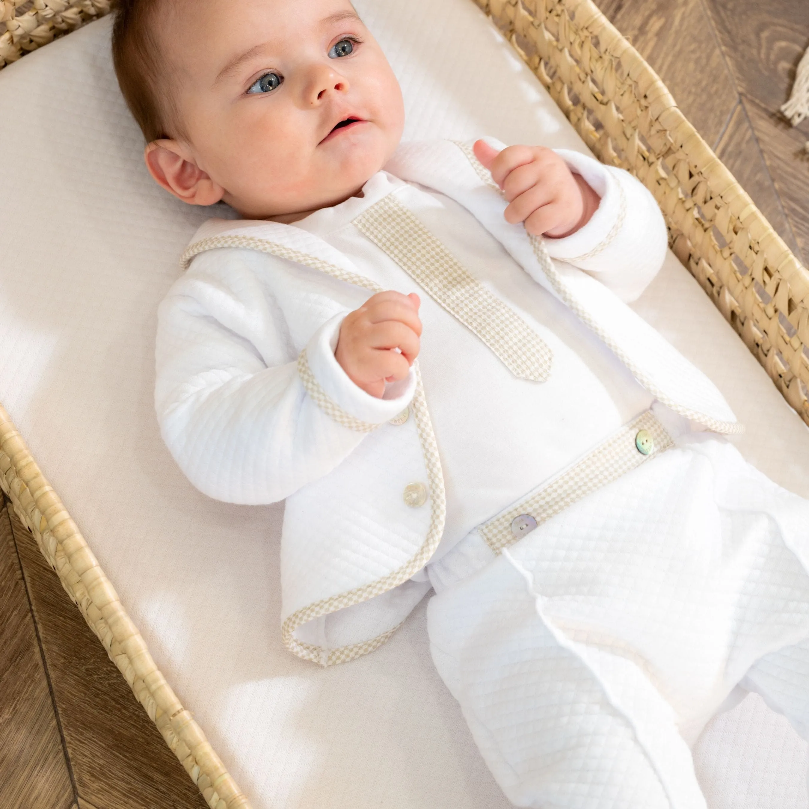 Lucas | Weiße & beige Baumwoll-Gingham-Hosenanzug für Jungen (3) Babykids_Bebe-Sweeny