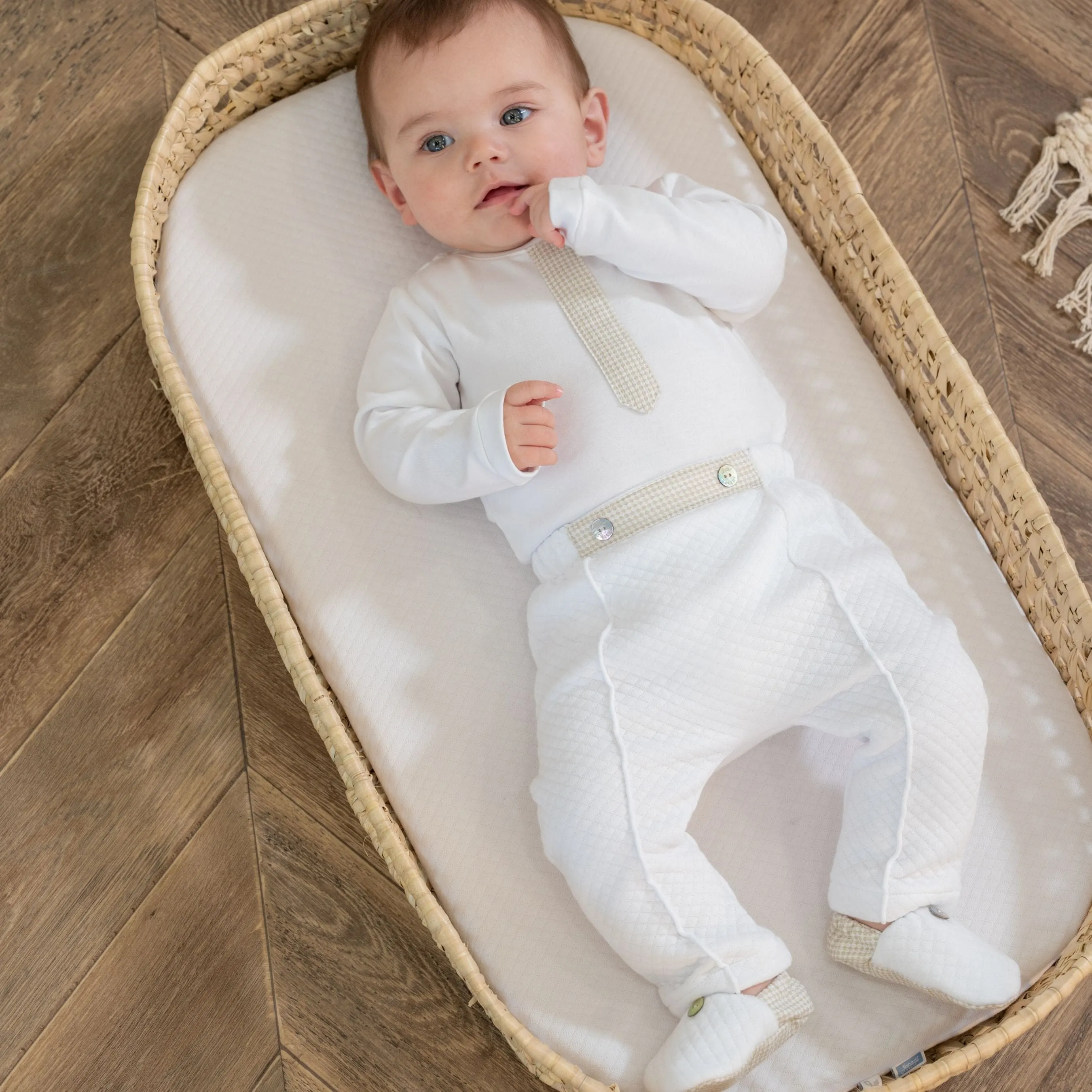 Lucas | Weiße & beige Baumwoll-Gingham-Hosenanzug für Jungen (3) Babykids_Bebe-Sweeny