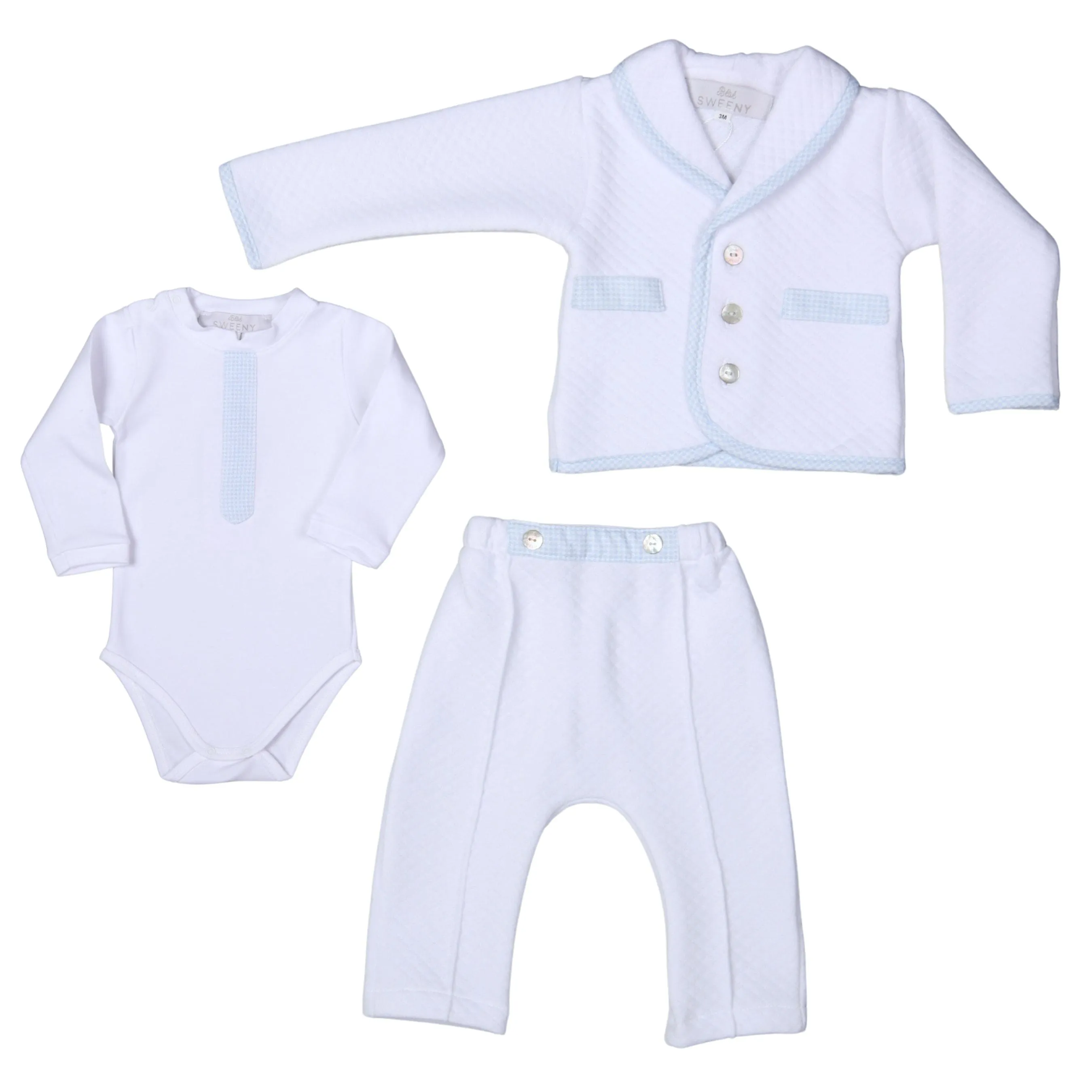Lucas | Weißes & blaues Baumwoll-Gingham-Hosenanzug für Jungen (3) Babykids_Bebe-Sweeny