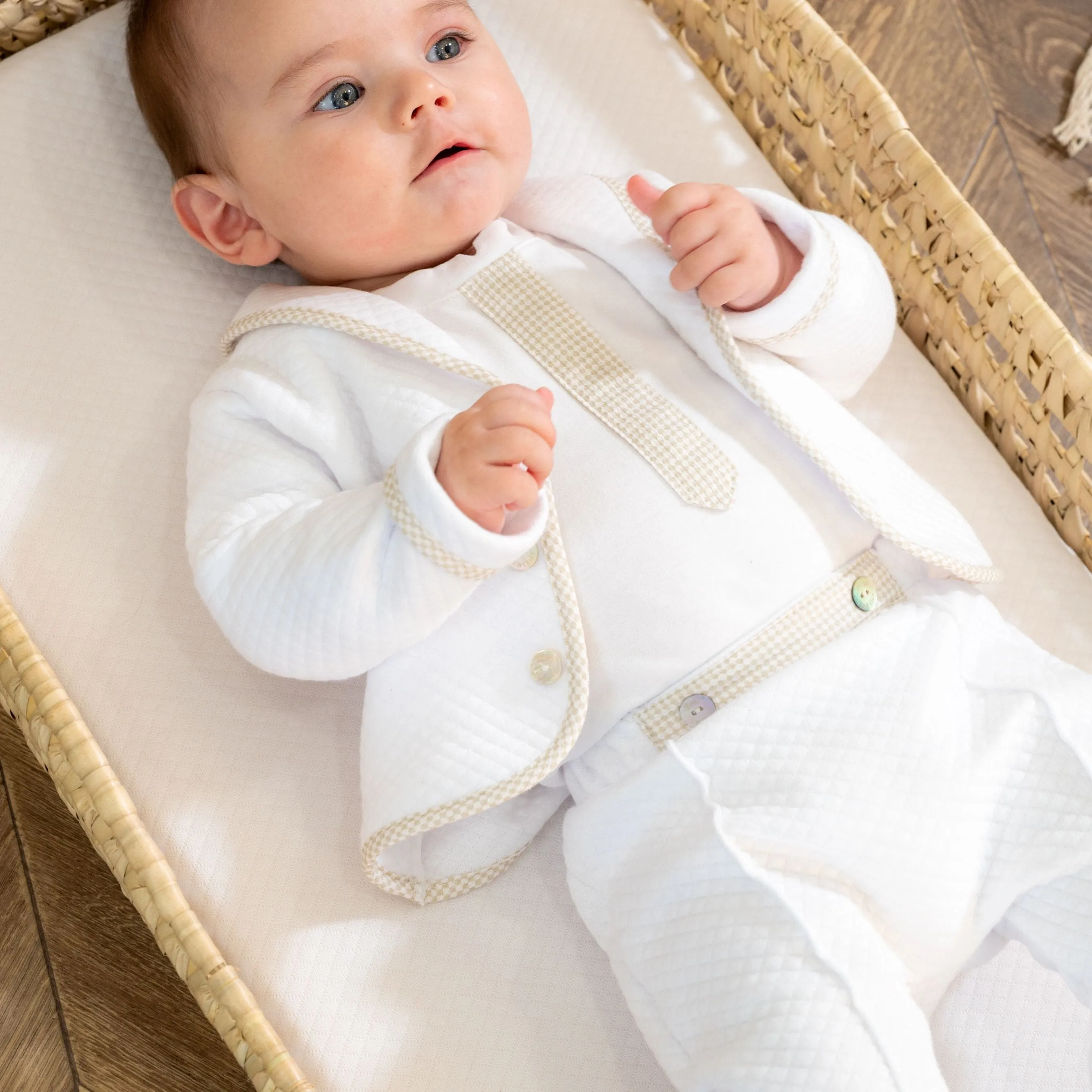 Lucas | Weißes & blaues Baumwoll-Gingham-Hosenanzug für Jungen (3) Babykids_Bebe-Sweeny