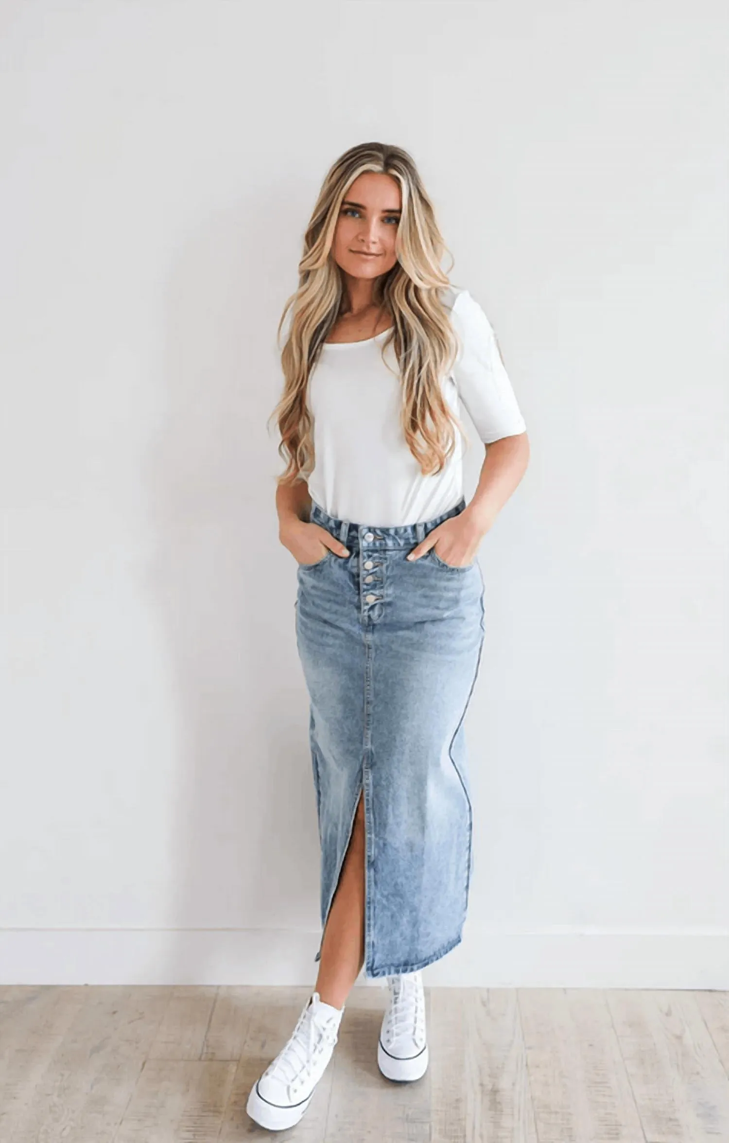 Maxi Denim Rock in mittlerer Waschung