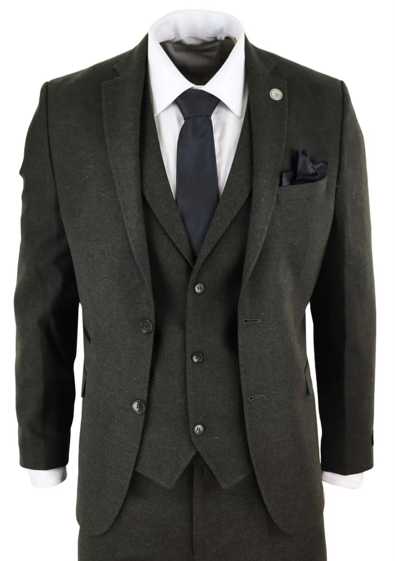 Herren 3-teiliger olivgrüner Woll-Tweed Vintage Retro Anzug