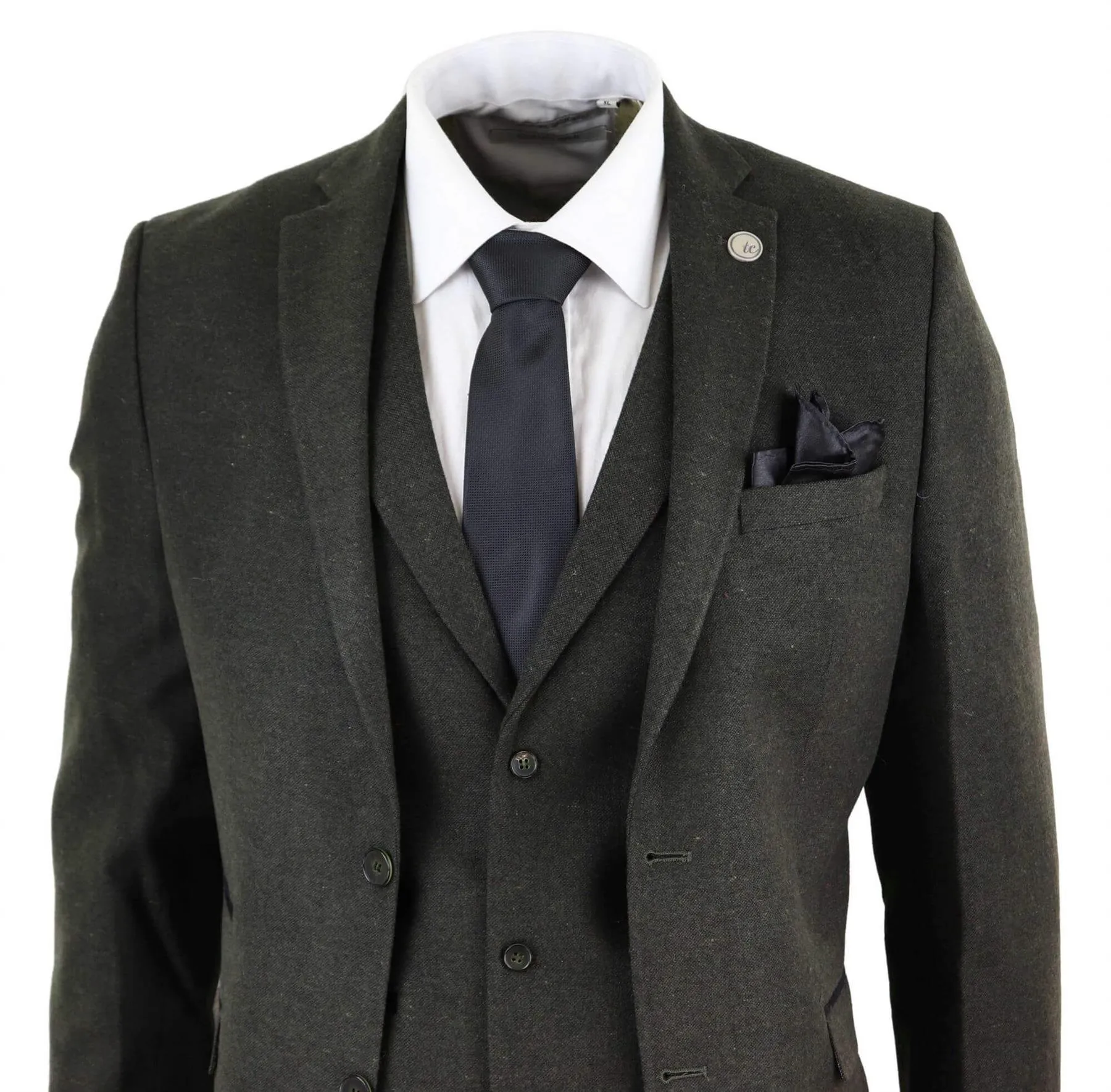Herren 3-teiliger olivgrüner Woll-Tweed Vintage Retro Anzug