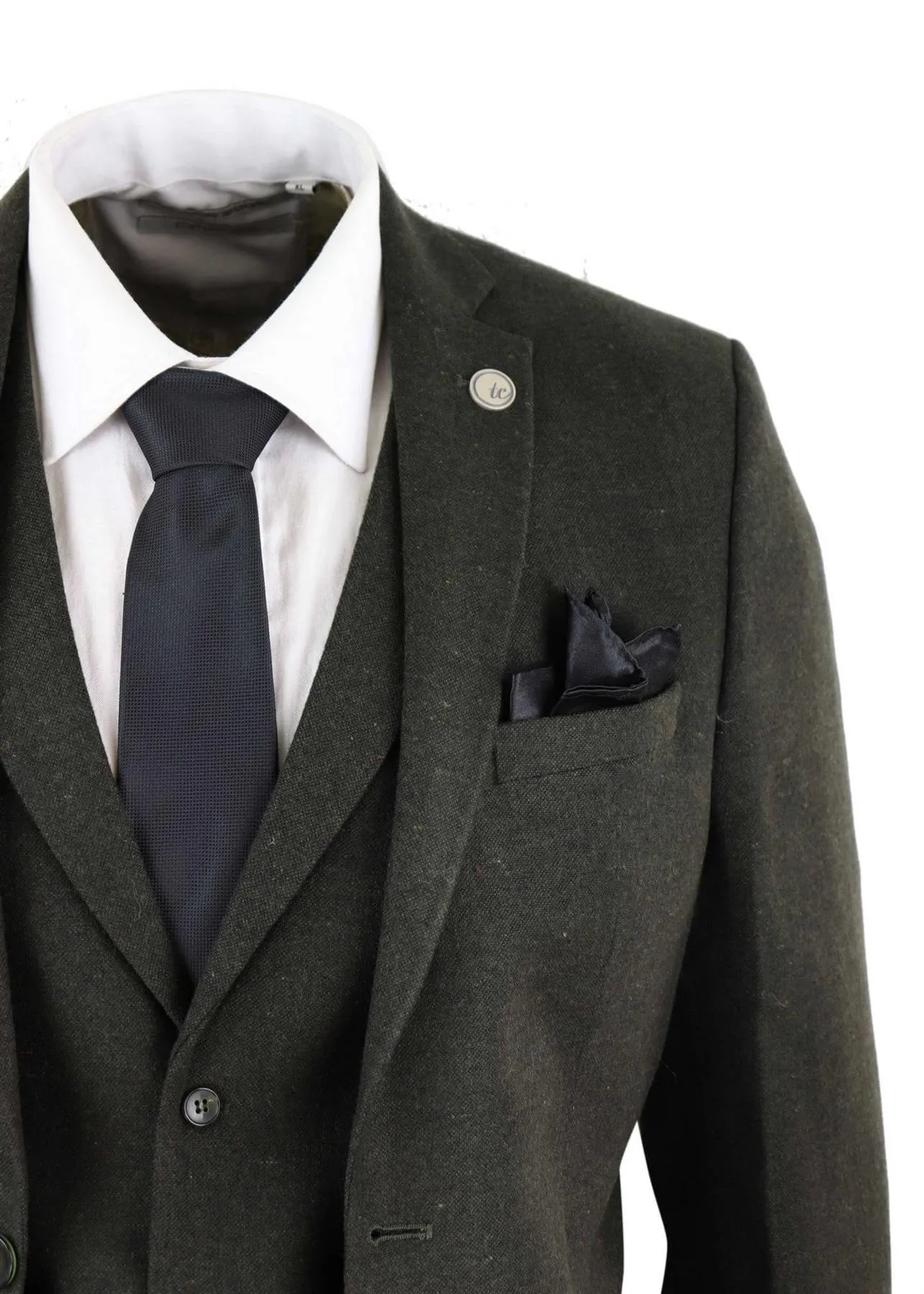 Herren 3-teiliger olivgrüner Woll-Tweed Vintage Retro Anzug