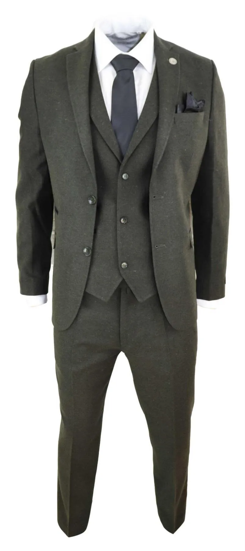 Herren 3-teiliger olivgrüner Woll-Tweed Vintage Retro Anzug