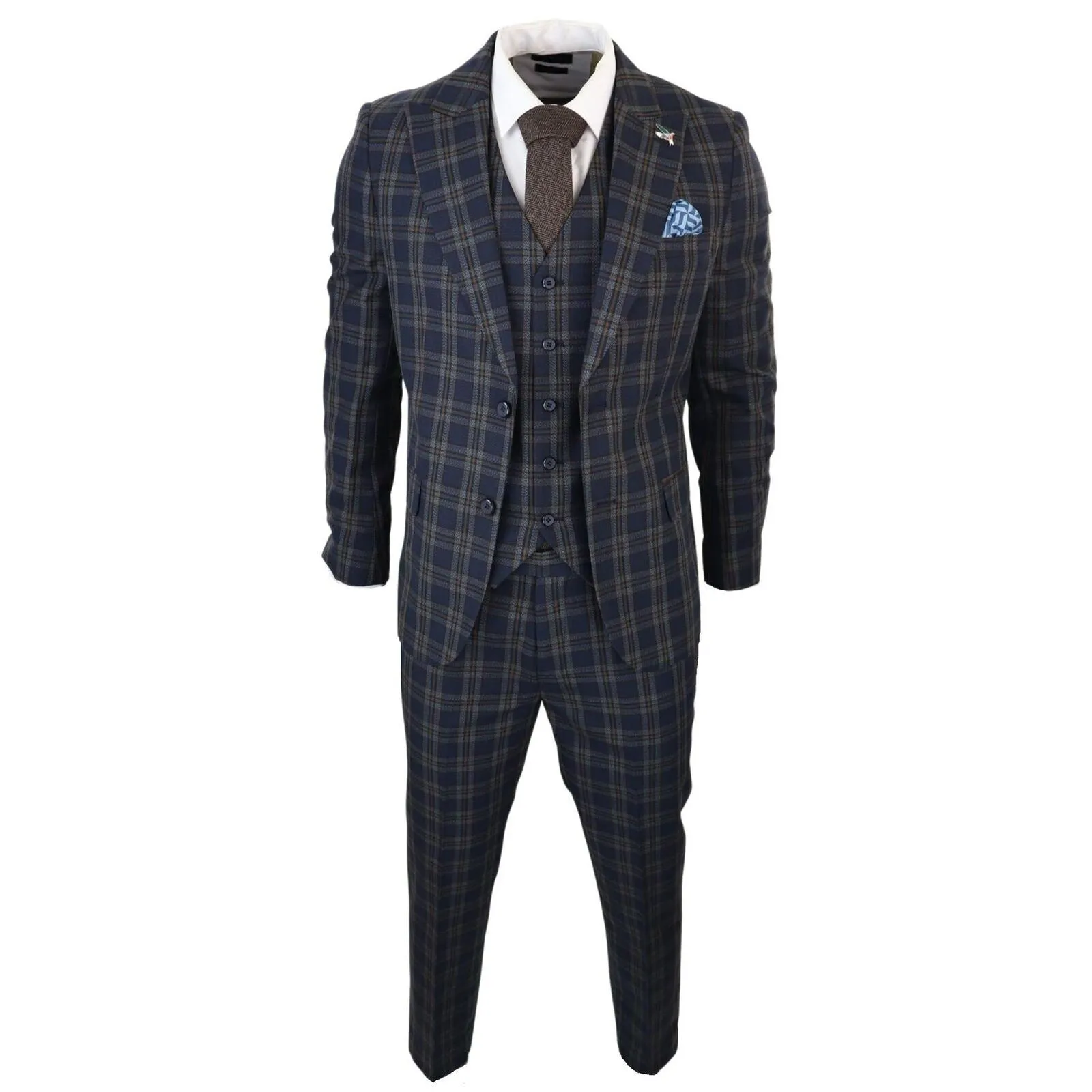 Herren 3-teiliger Anzug in Navy-Blau mit Karomuster