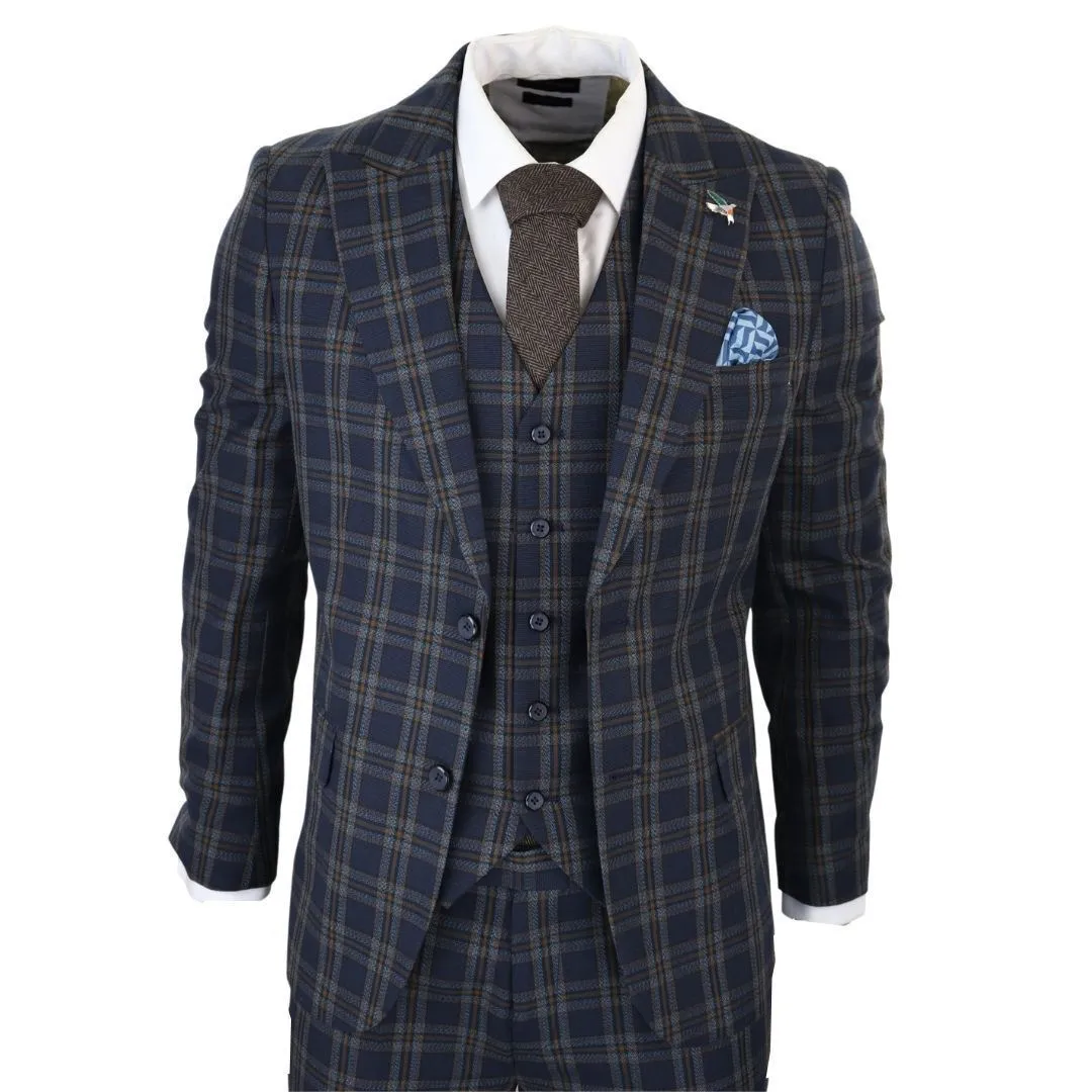 Herren 3-teiliger Anzug in Navy-Blau mit Karomuster