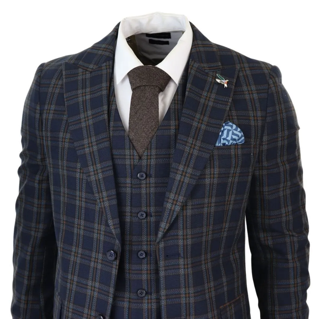 Herren 3-teiliger Anzug in Navy-Blau mit Karomuster