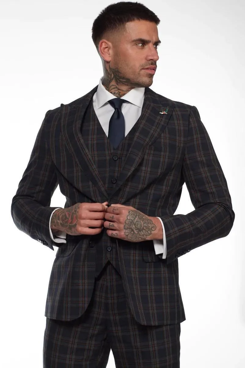 Herren 3-teiliger Anzug in Navy-Blau mit Karomuster