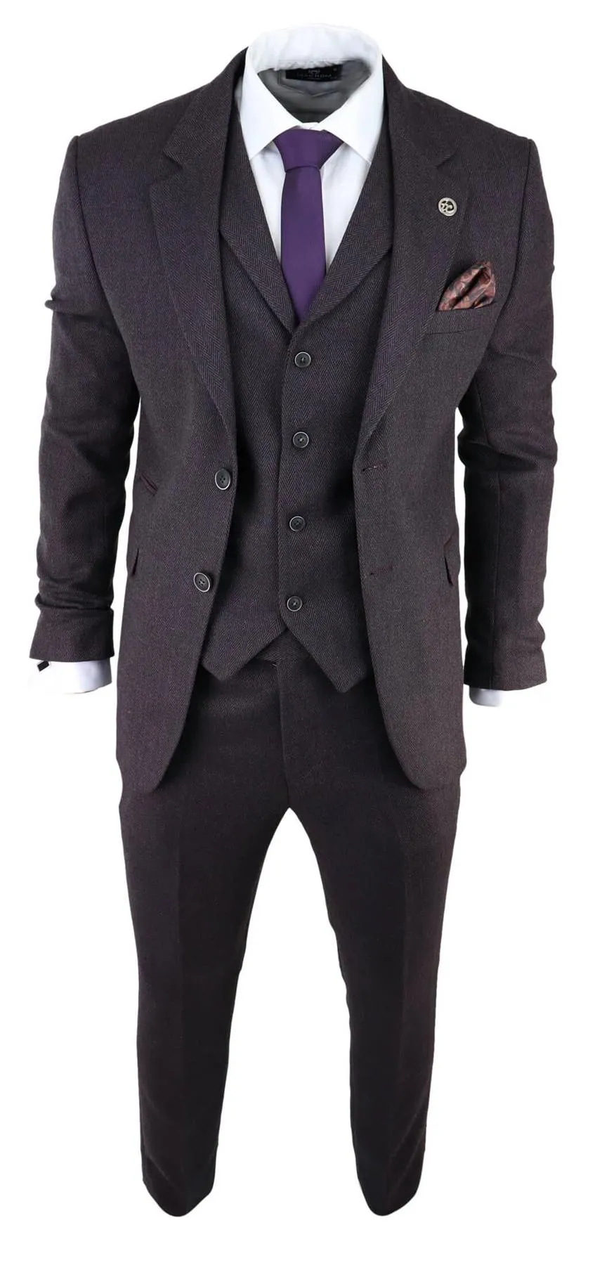 Herren Anzug in Pflaumenfarben 3-teilig im Tweed-Fischgrätmuster Peaky Blinders Klassisch Maßgeschneidert