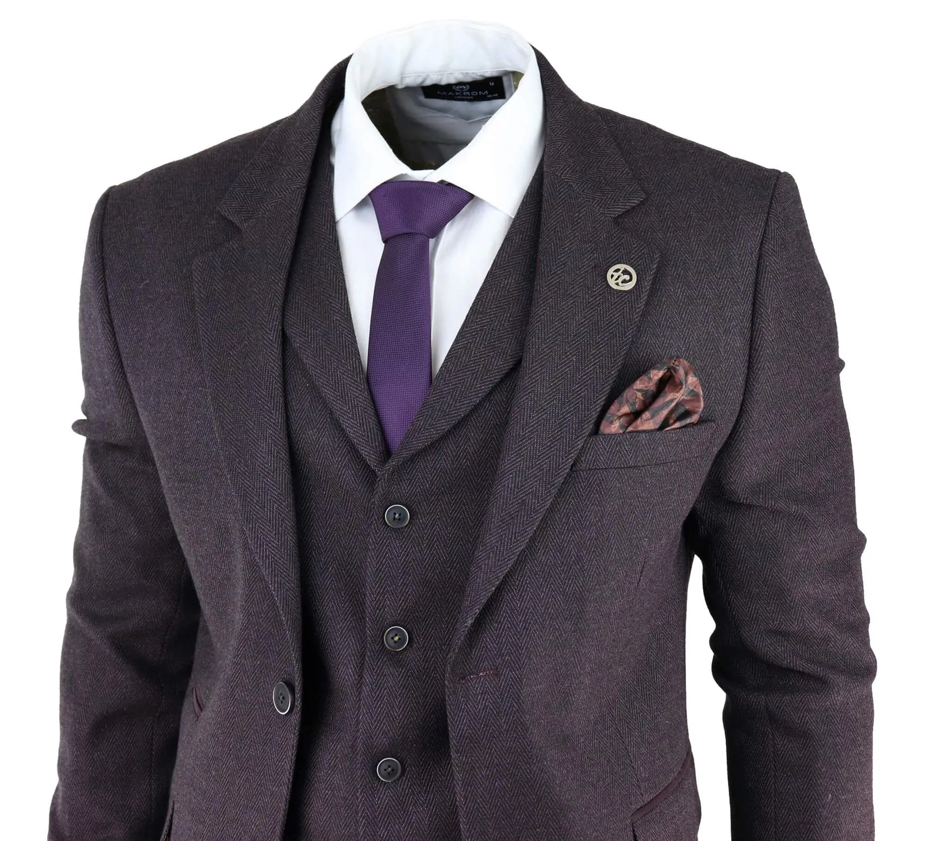 Herren Anzug in Pflaumenfarben 3-teilig im Tweed-Fischgrätmuster Peaky Blinders Klassisch Maßgeschneidert