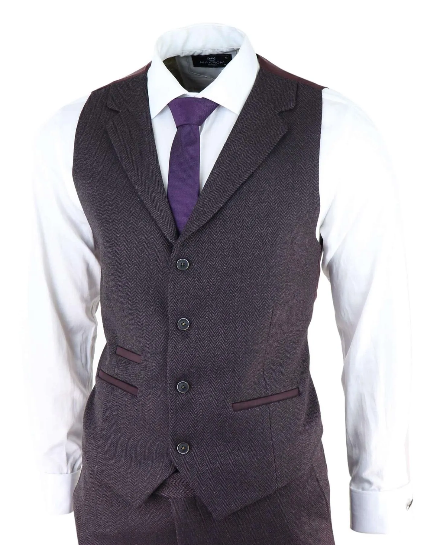 Herren Anzug in Pflaumenfarben 3-teilig im Tweed-Fischgrätmuster Peaky Blinders Klassisch Maßgeschneidert
