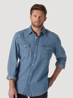Men's Wrangler Cowboy Cut® Long Sleeve Western Denim Snap Work Shirt in Stonewash Wrangler Clothing