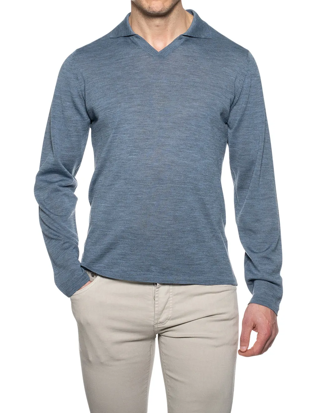 Merino Wolle Langarm Polo Blau