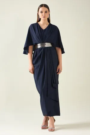 Midnight Navy Drape Dress With Metallic Finish Belt