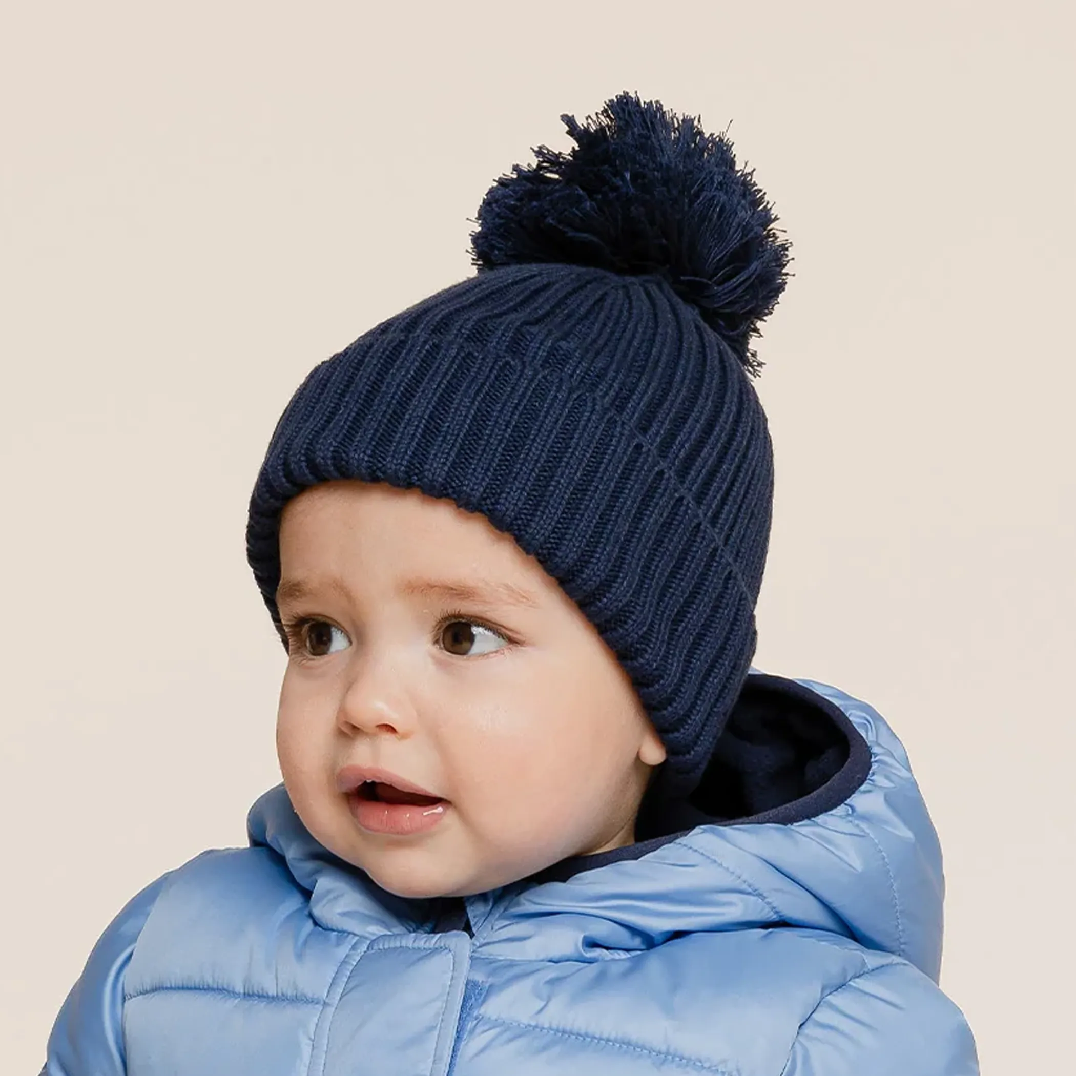 MILES THE LABEL Rippen Bommelmütze für Babys 3-9 Monate - Marineblau