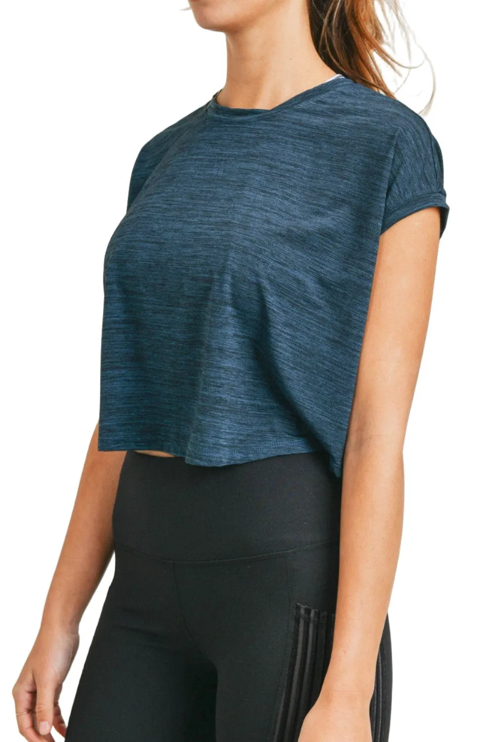 Mono B Melange-Cap-Sleeve-Athleisure-Cropped-Shirt AT3090
