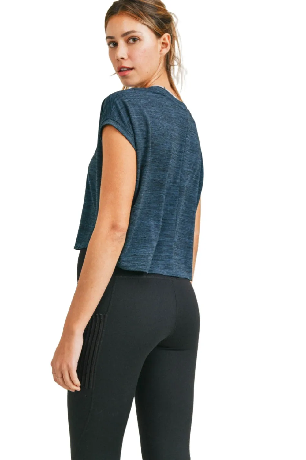 Mono B Melange-Cap-Sleeve-Athleisure-Cropped-Shirt AT3090