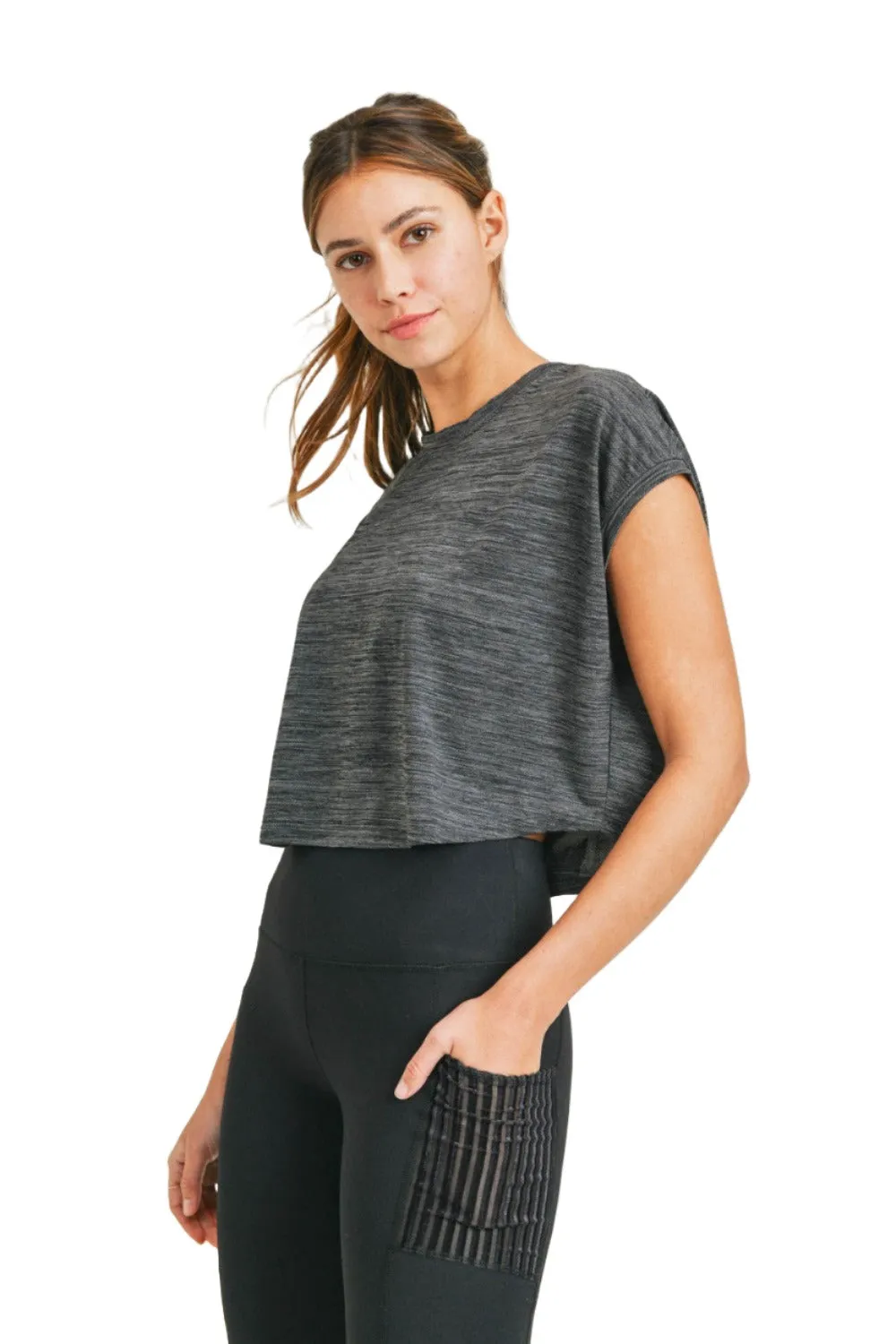 Mono B Melange-Cap-Sleeve-Athleisure-Cropped-Shirt AT3090