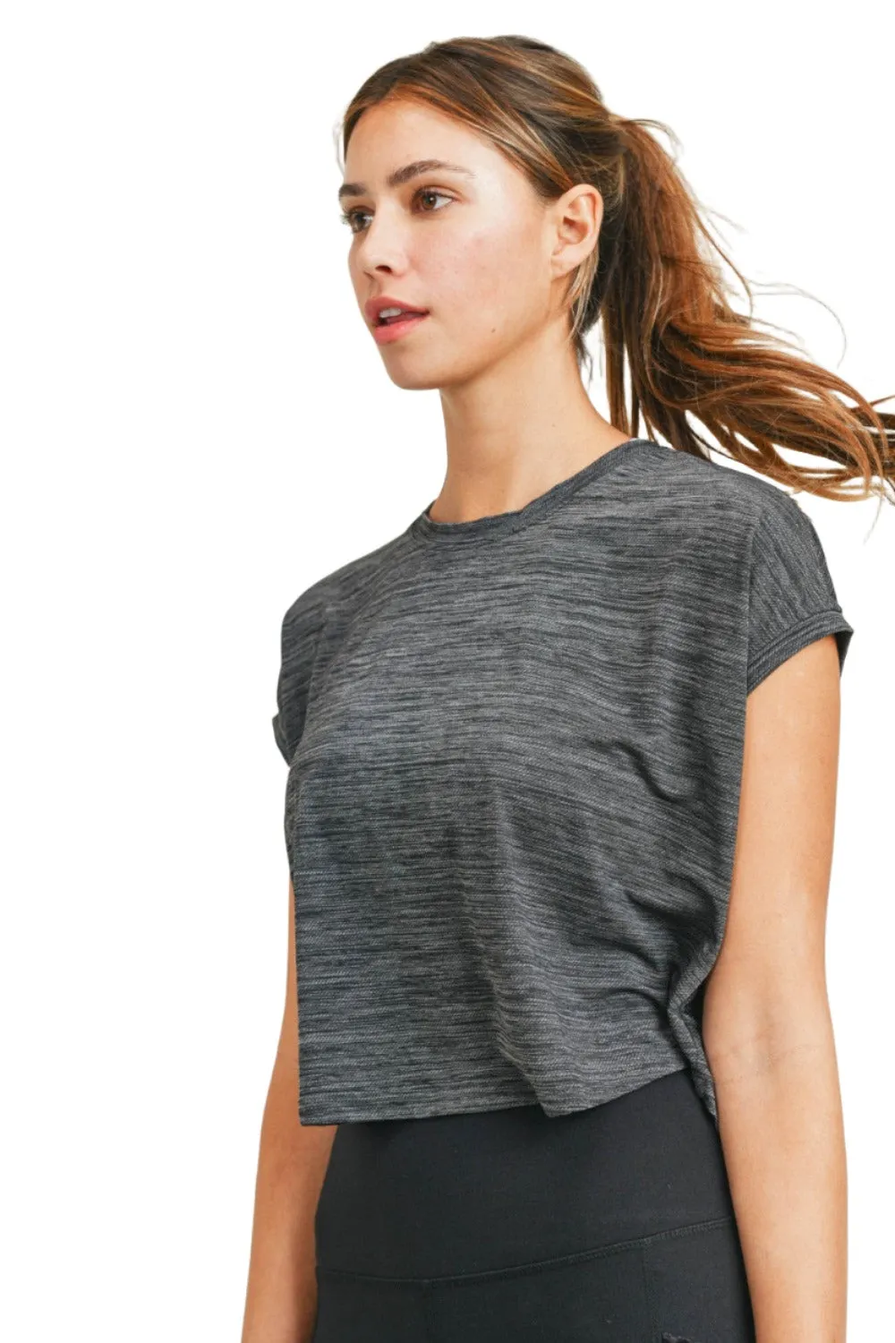 Mono B Melange-Cap-Sleeve-Athleisure-Cropped-Shirt AT3090