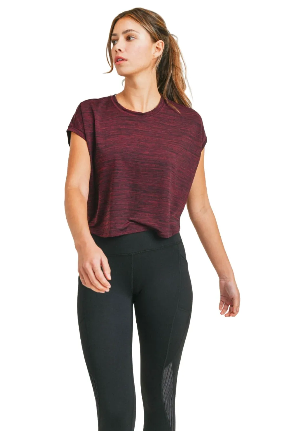 Mono B Melange-Cap-Sleeve-Athleisure-Cropped-Shirt AT3090