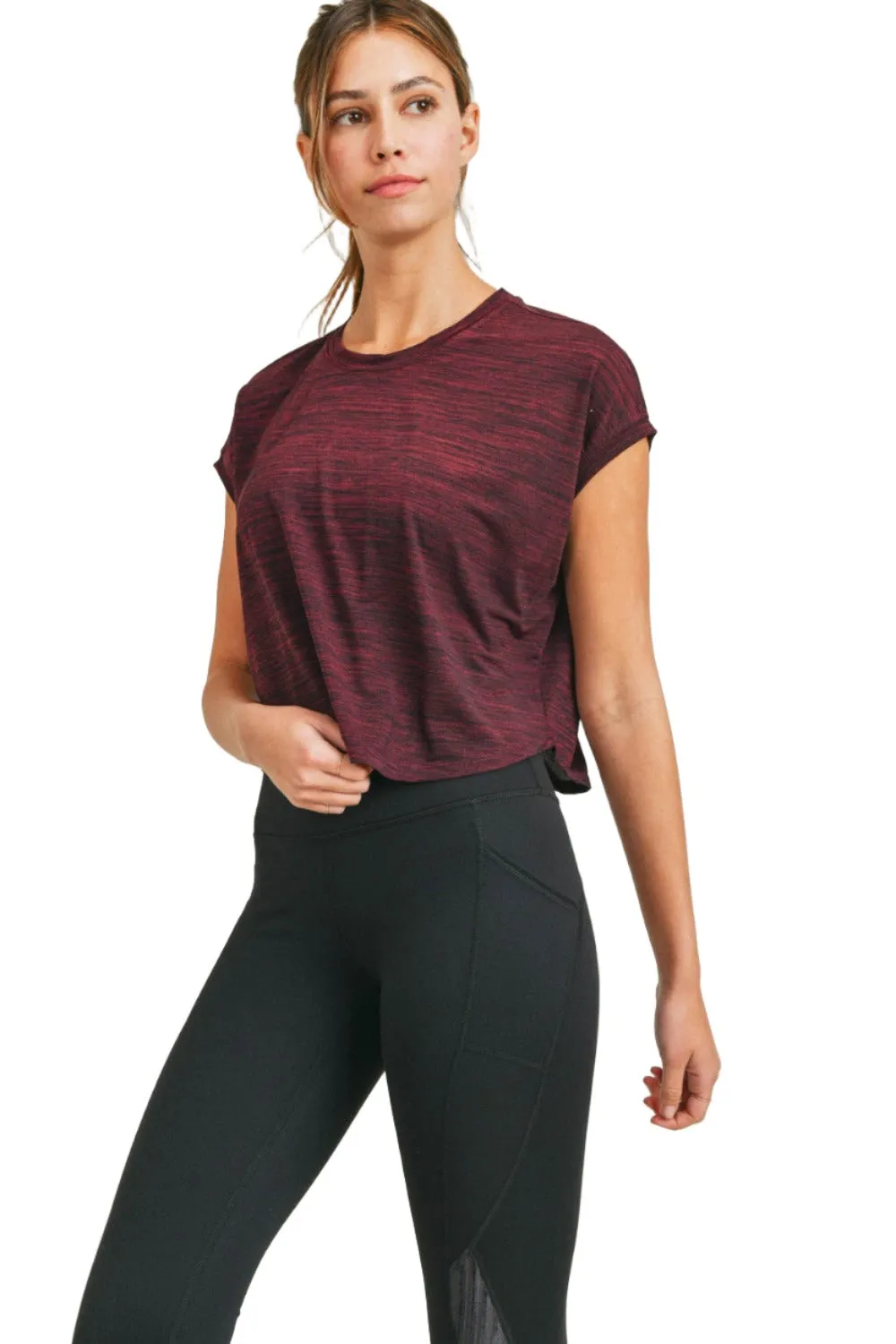 Mono B Melange-Cap-Sleeve-Athleisure-Cropped-Shirt AT3090
