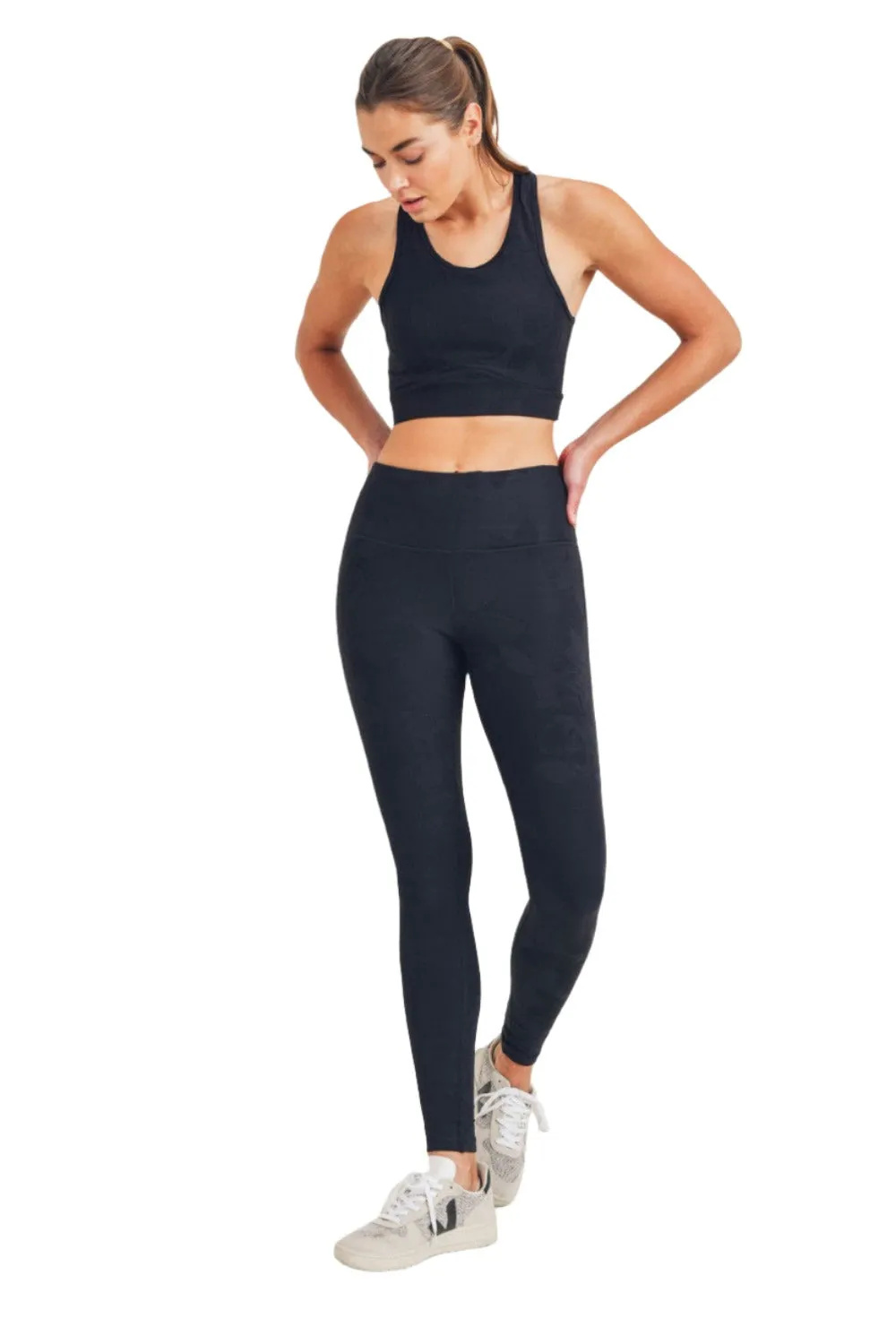 Mono B Gemusterte Blumen-Jacquard-Hochwaist-Leggings APH8078