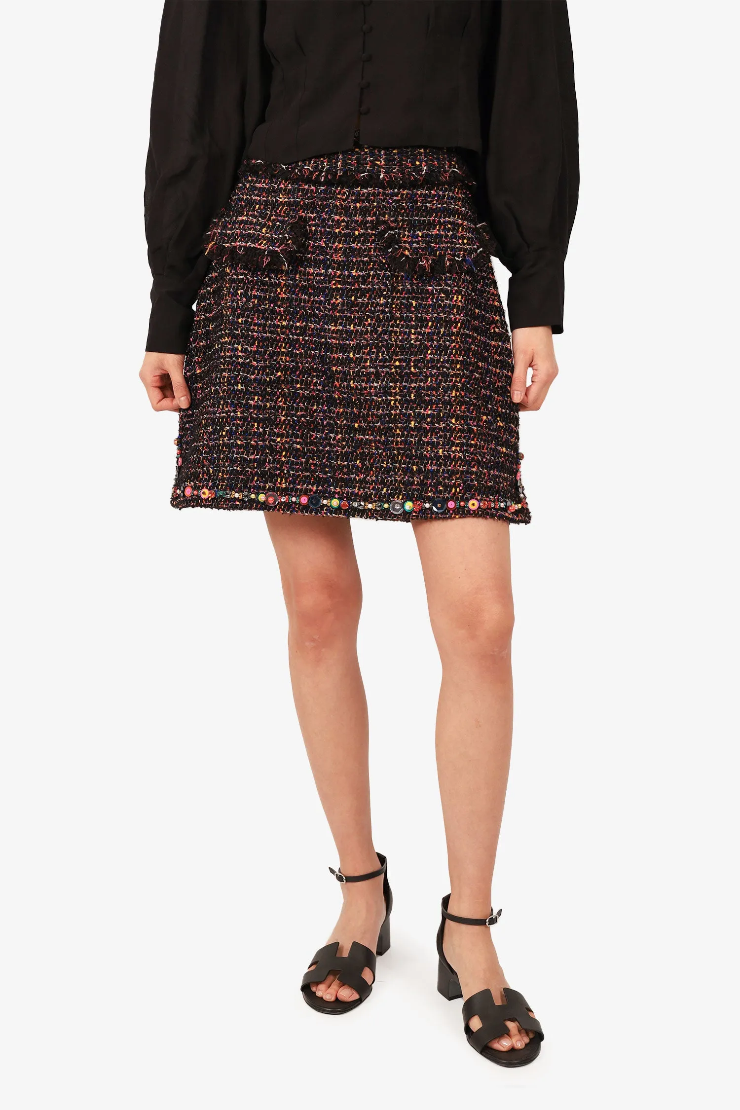 MSGM Schwarz/Mehrfarbiger Tweed-Rock mit Saumdetail Größe 44
