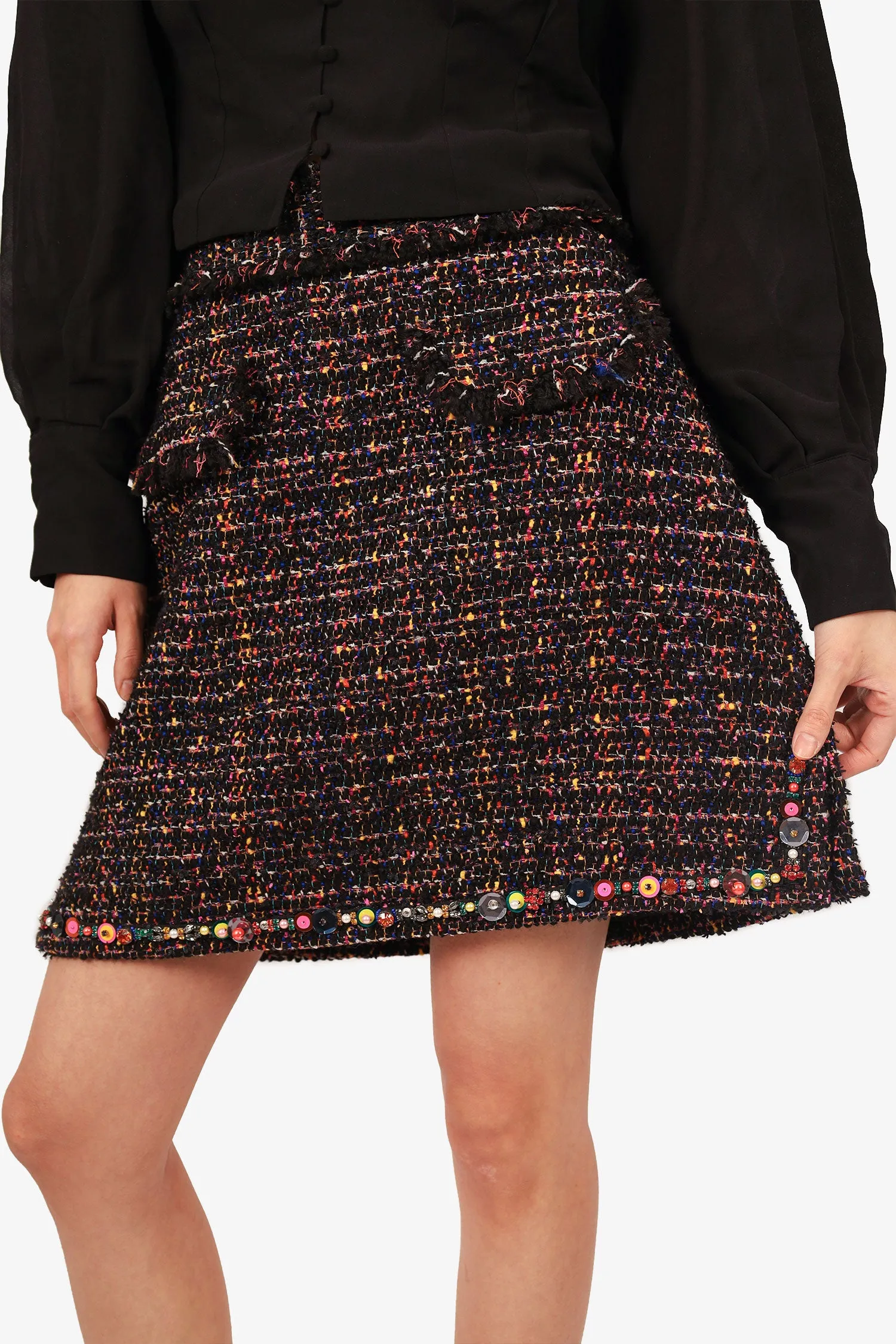 MSGM Schwarz/Mehrfarbiger Tweed-Rock mit Saumdetail Größe 44