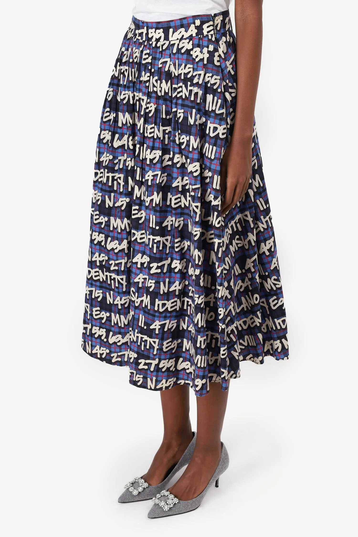 MSGM Blau/Weiß karierter bedruckter Midirock Größe 40