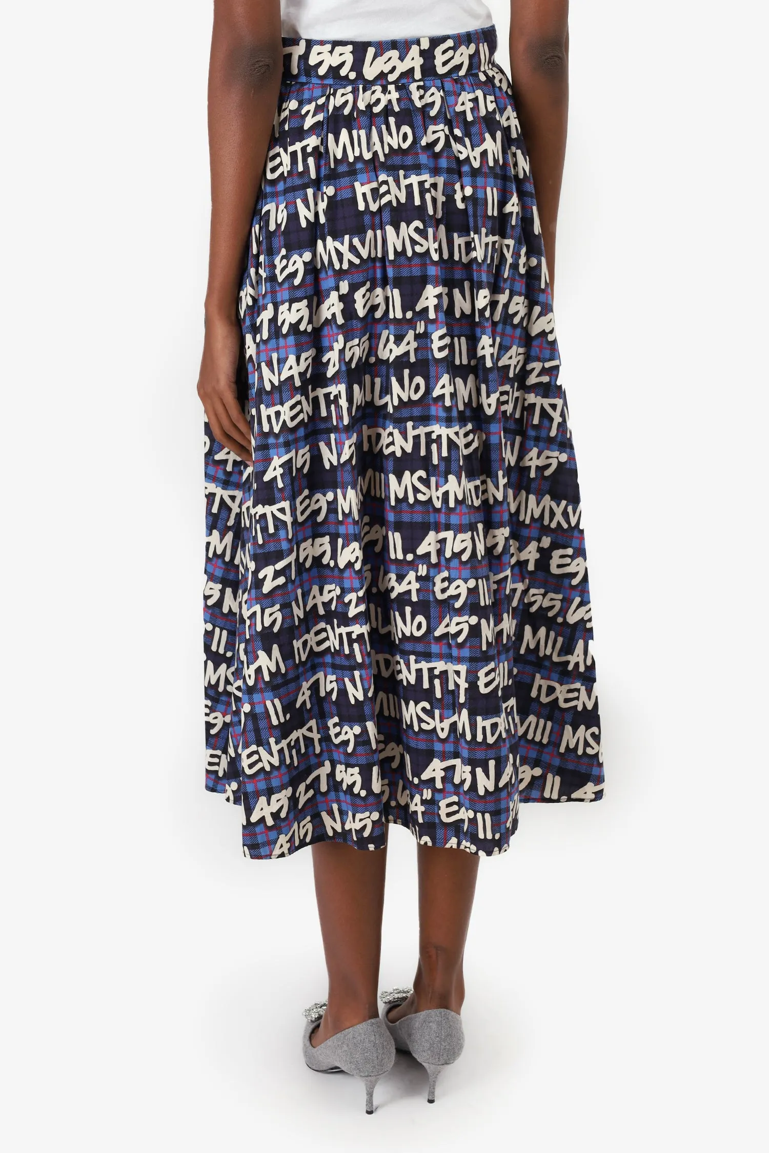 MSGM Blau/Weiß karierter bedruckter Midirock Größe 40