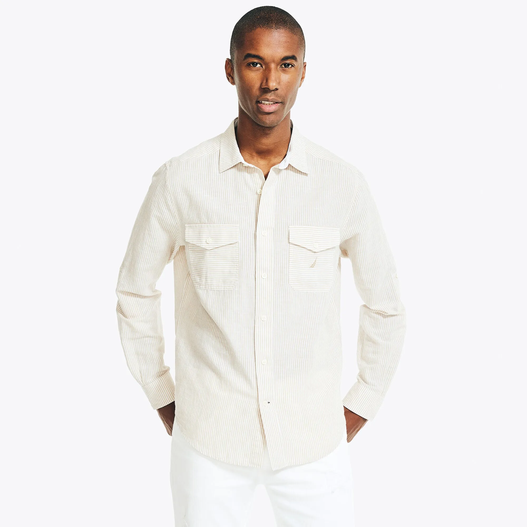 Nautica Herren Classic Fit Leinen Streifenhemd Militärbeige Nautica