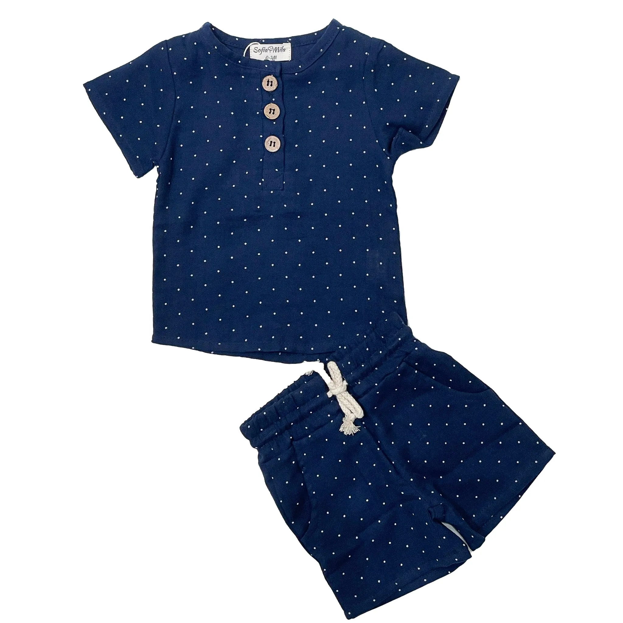 Marineblaues Polka-Dot-Kurzarm-Shirt und Shorts-Set für Kinder und Babys