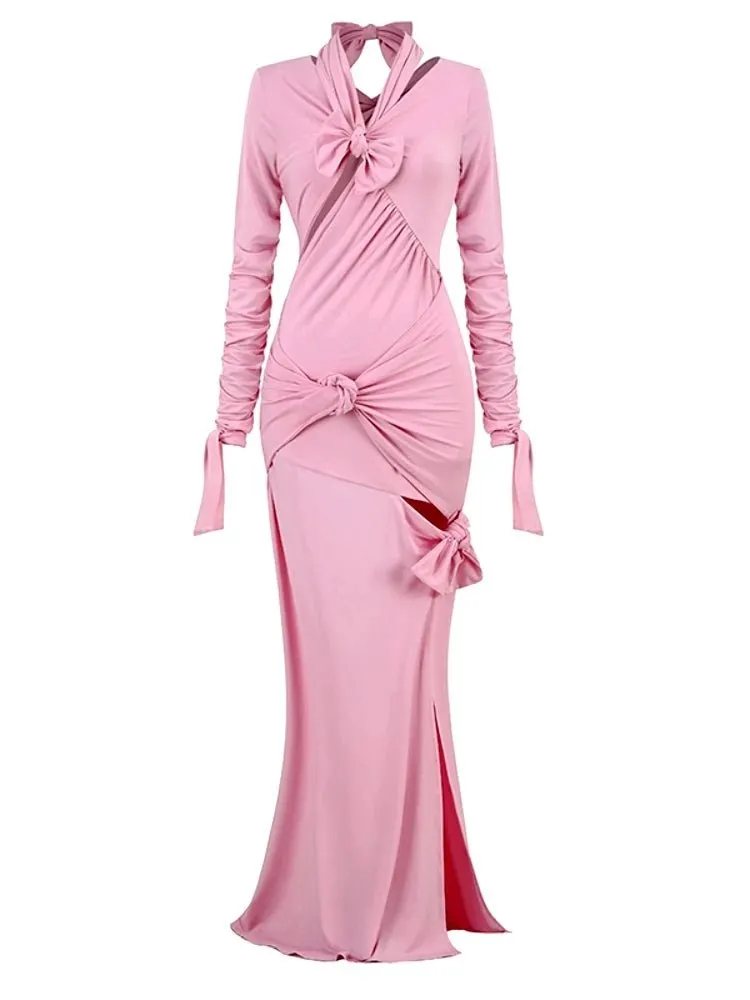 Rosa Maxikleid mit Schleifen und Ausschnitten
