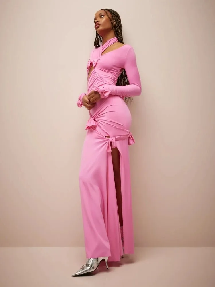 Rosa Maxikleid mit Schleifen und Ausschnitten