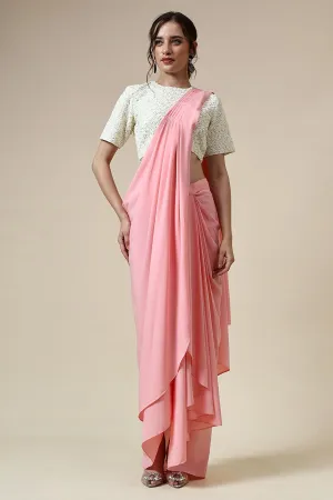 Pink Pre-Draped Saree & Embellished Blouse Set
