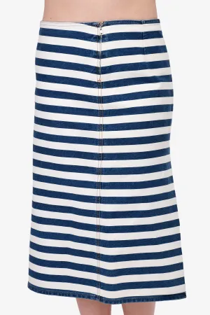 Prada Blue and White Denim Striped Midi Skirt Size 42