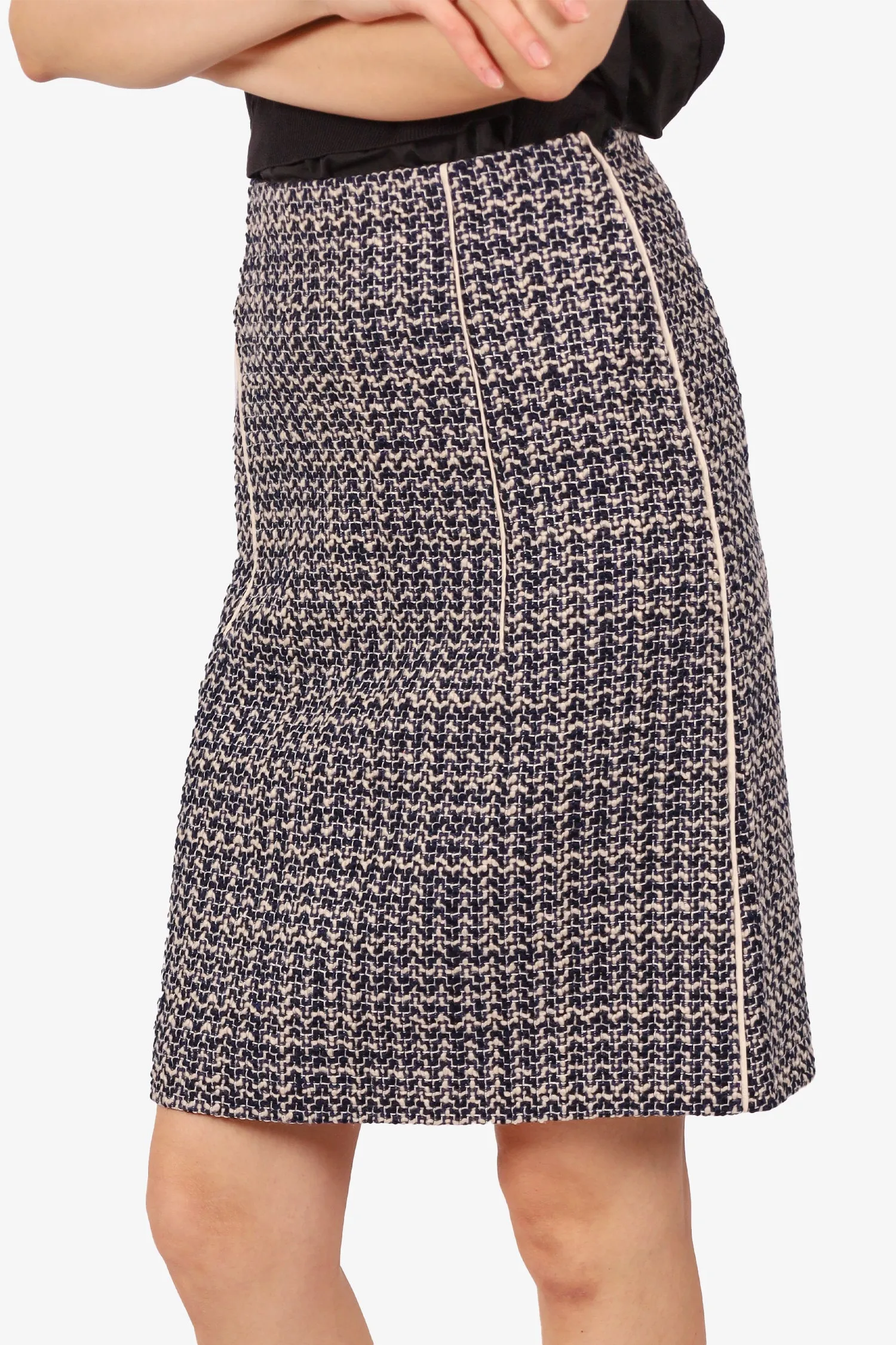 Prada Marineblau/Weiß Tweed-Midirock Größe 38