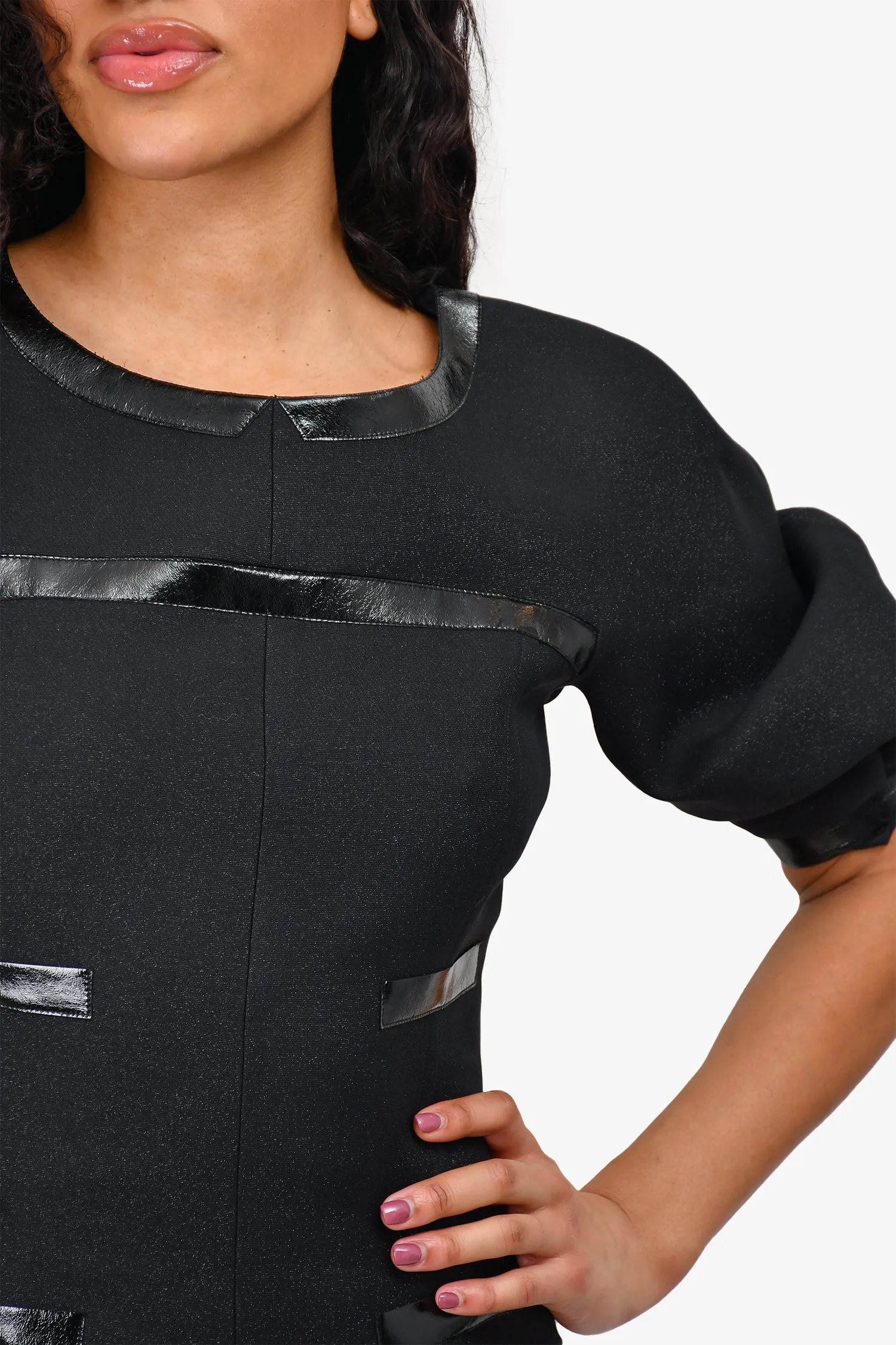 Chanel™ Secondhand Herbst 2013 Schwarzes Glitzer-Woll-/Lackbesetztes Schößchen-Minikleid Größe 38